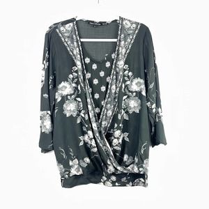 Tolani Collection Black Gray Floral Wrap Blouse Size Small 100% Modal